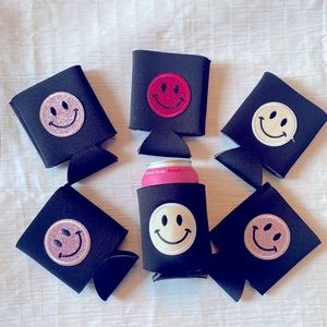 Brand new, never used, HAPPY FACE coozies! Set of 6c, assorted pinks, cream.